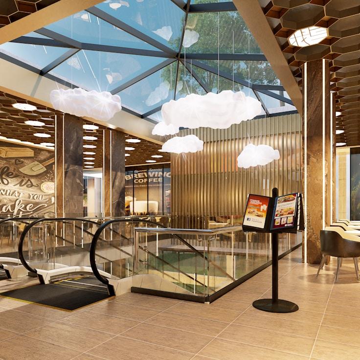 Modern shopping mall interior with family areas